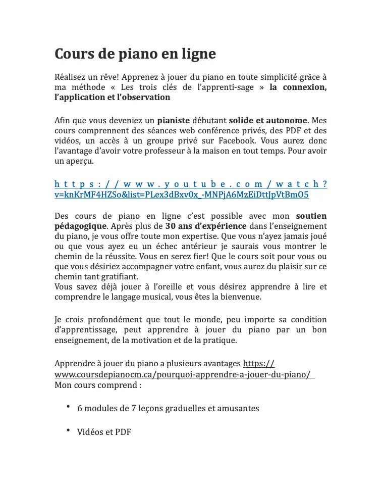 Cours de piano en ligne Prévost